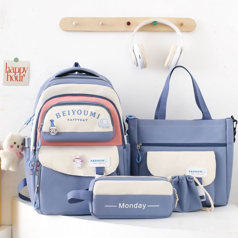 Four Piece Multi-purpose Backpack Set  Elementary School Backpack  Large Capacity Crossbody Handbag for Junior High School Students