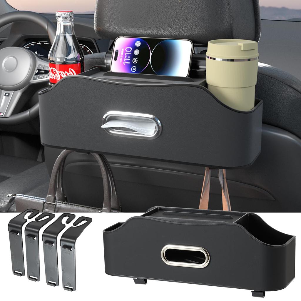 Sanccaral Leather Car Back Seat Drink Holder with Tissue Box and Compatible with Front Seat Travel Storage Black Hooks, Headrests, Box,