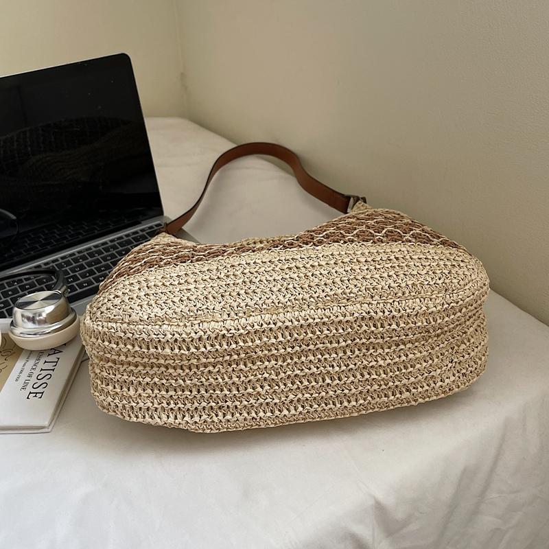 Crochet Mesh Shoulder Bag Women Summer Beach Tote With Leather Strap Natural Style Design