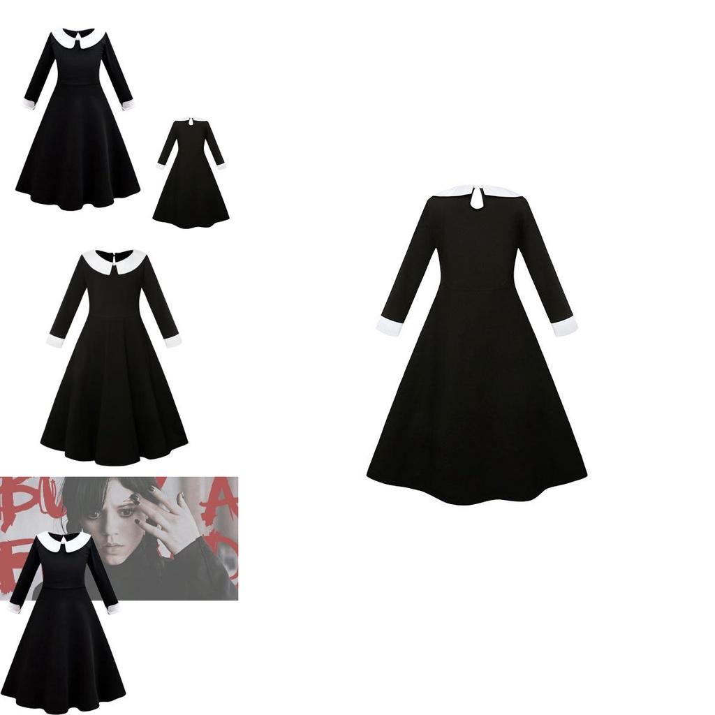 Addams Family Cosplay Girls' Long Sleeve Dress For Children Black Polyester Fabric
