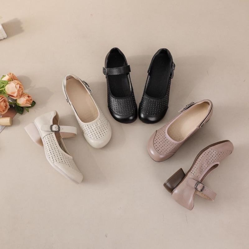 2026 Spring Summer Breathable Genuine Leather Shoes for Women Comfortable Mary Jane Shoes for Daily Wear Plus Size 41