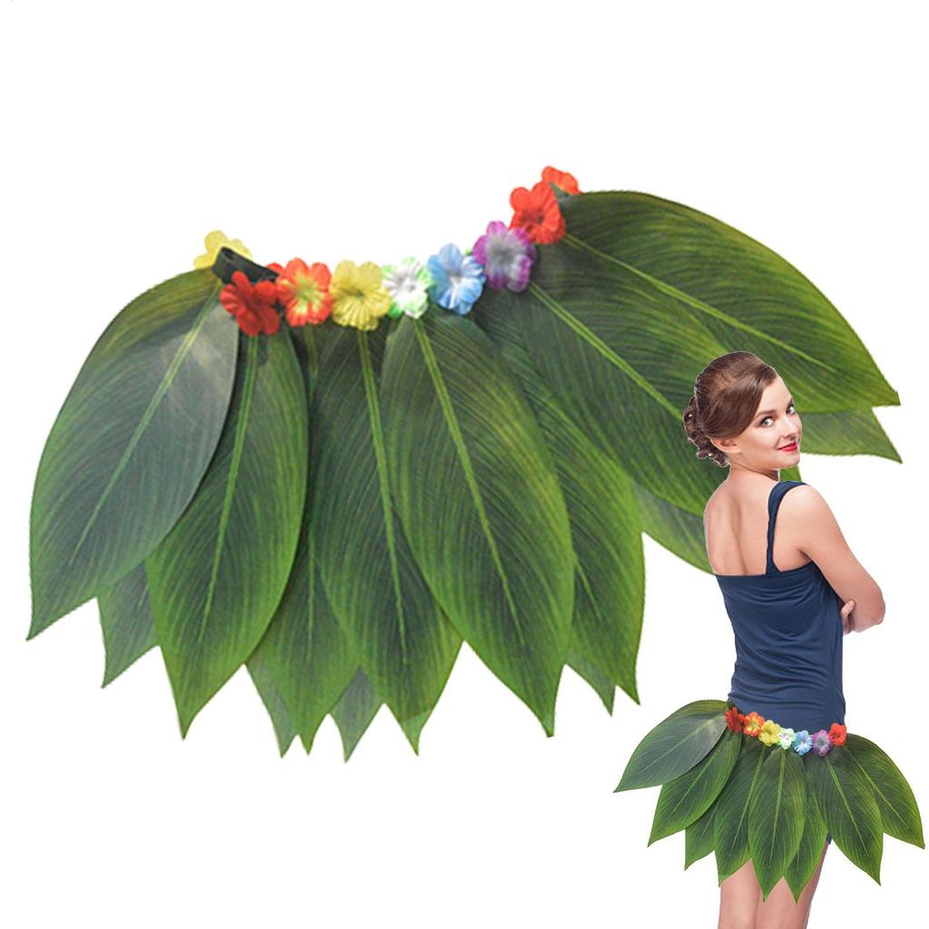 Green Leaves Skirt and Hawaiian wreath set With Flowers Hawaiian Leaves Grass Skirt for Autumn Cosplay Teens Stage Performance