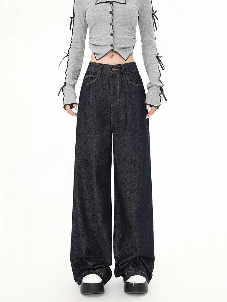 

Женские джинсы с высокой посадкой и широкими штанинами на осень 2025 года - Длина в пол, свободный драпирующийся стиль X-Large темно-синий