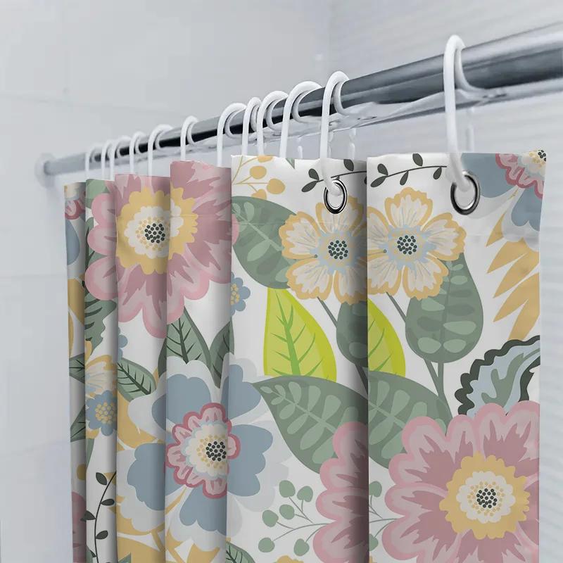 Floral Printed Shower Curtain Setpink Green Blue Yellow White Bath Towel Decorative Waterproof Window Shutter 6 Hooks For Bathro