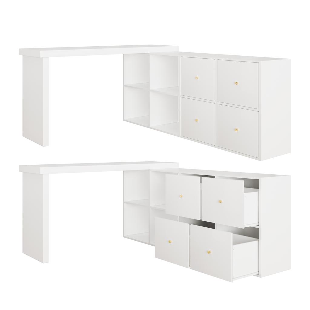 Corner Table, Tabletop 360 Swivel - Can Be Set Up L-shaped or Straight, MDF, Tabletop and Legs Reinforced 4 cm, 4 Compartments, 4 Drawers, White, Desk