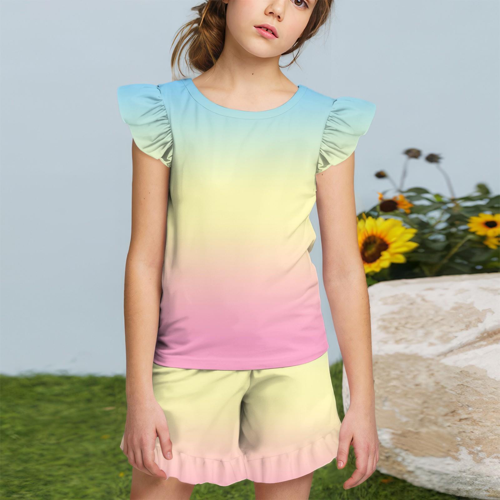 

Летний милый костюм для девочек: футболка с рукавами-крылышками + шорты с оборками, повседневная одежда для улицы, милый повседневный модный комплект из 2 предметов 150 жёлтый