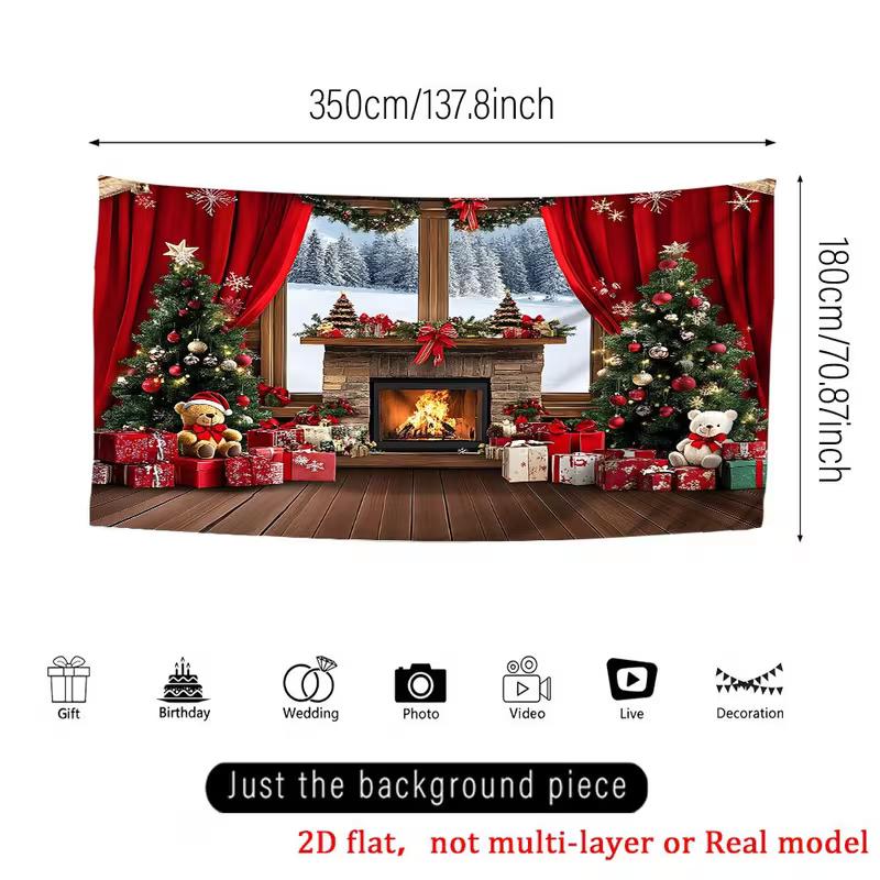 2D Flat Winter Christmas Garage Banner, Cozy Fireplace & Snowy Window Party Background