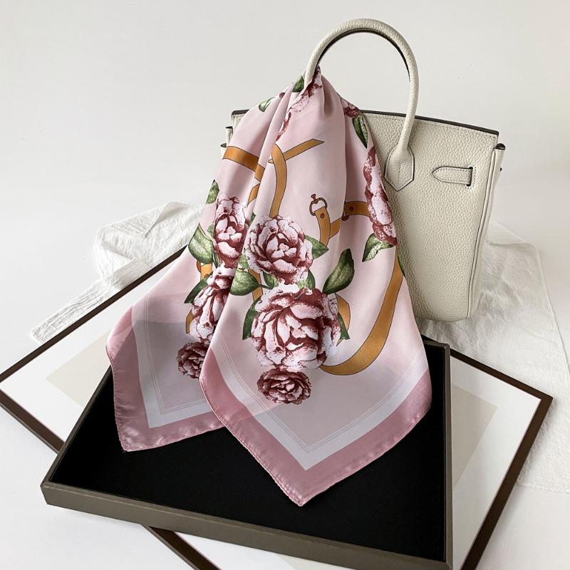68cm Rose Printed Square Scarf Women's Spring and Summer Thin Imitation Silk Scarf High-end Versatile Headscarf Scarfs Shawl