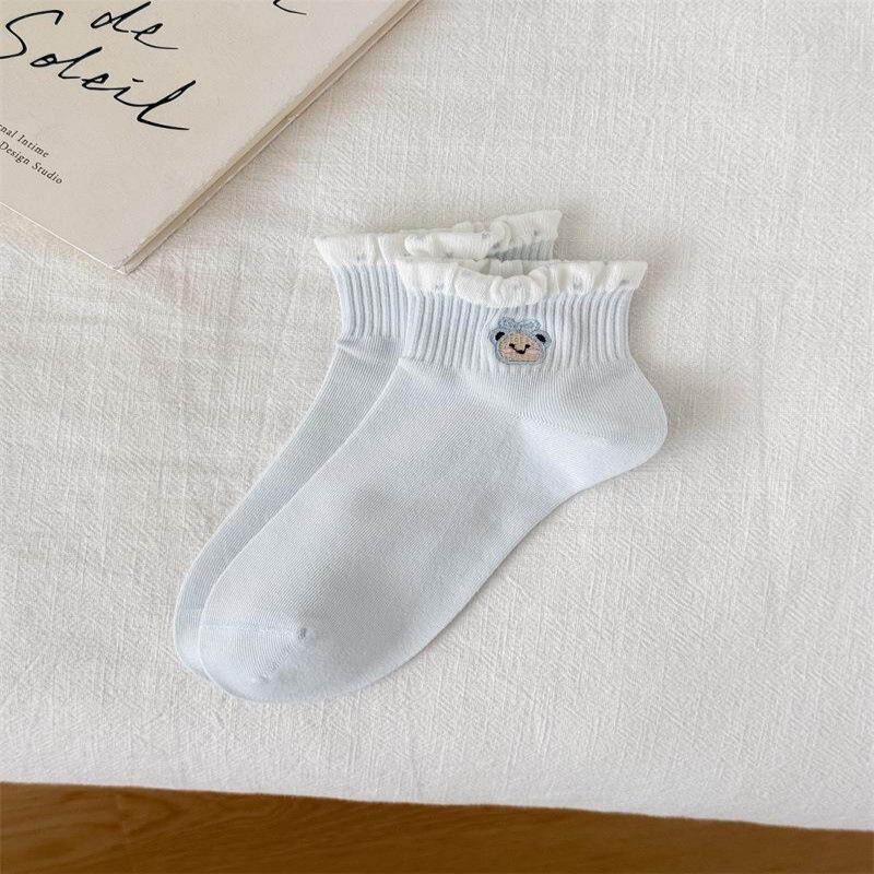 White Ruffle Socks with Japanese Cartoon Heart Embroidery - Spring/Summer Collection for Girls