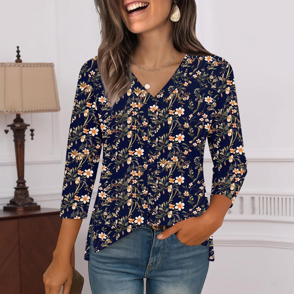 3/4 Sleeve Shirts For Women Print Graphic Tees Blouses Casual Plus Size Basic Tops Pullover