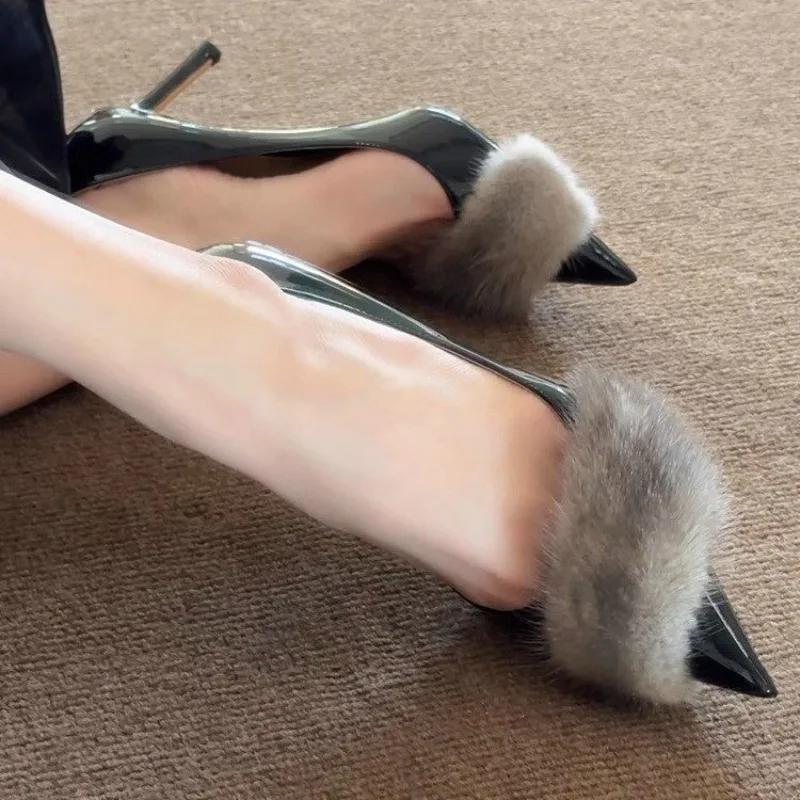 Women High Heel Shoes Fur Slippers Mules Pointed Toe Furry Slides Fashion Elegant Luxury Designer Flip Flops Office Pumps