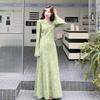 Premium Light Green Retro Dress Women's Early Spring and Autumn Print Super Long To the Ankle a Word Long Dress