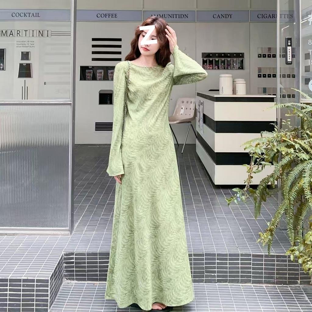 Premium Light Green Retro Dress Women's Early Spring and Autumn Print Super Long To the Ankle a Word Long Dress