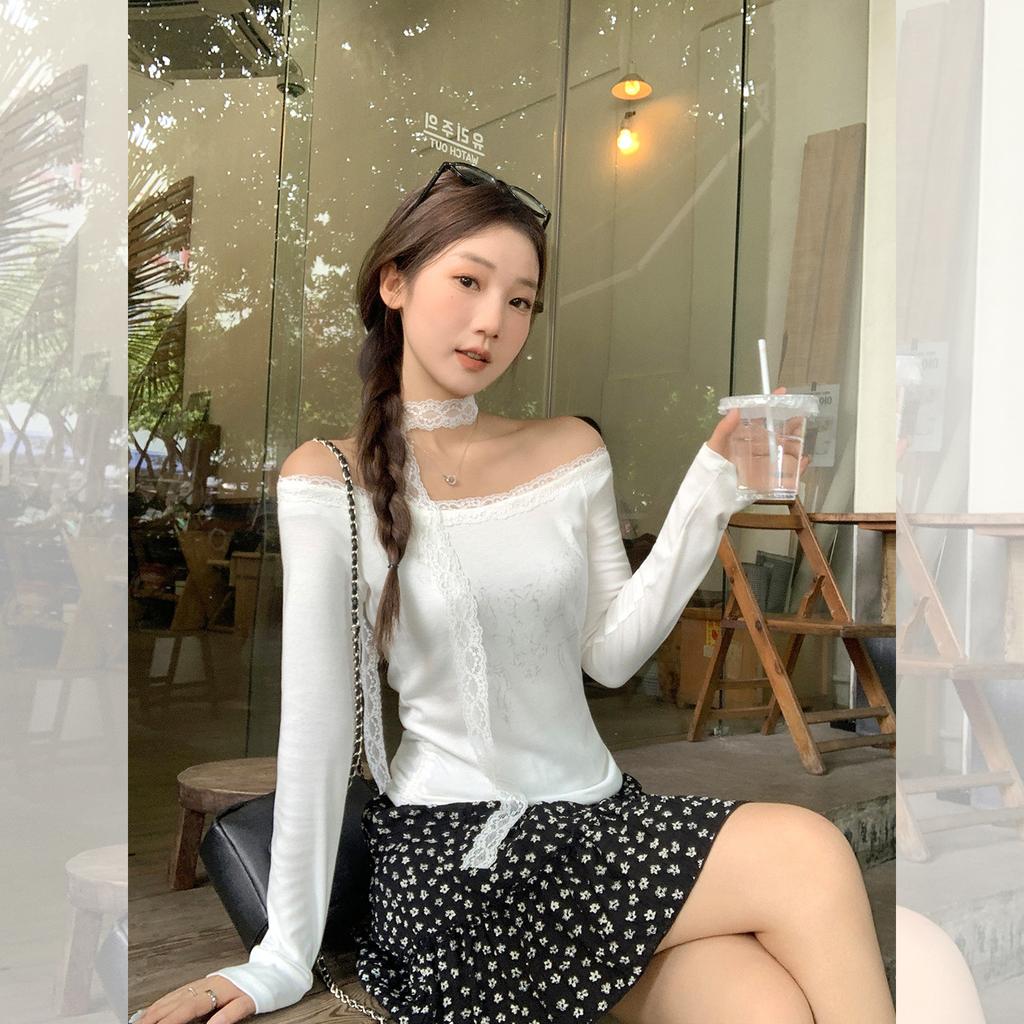 Lace Edge Slanted Shoulder Off-the-shoulder Long-sleeved T-shirt Women's Early Autumn New Pleated Waist and Thin Spice Girl Temperament Top