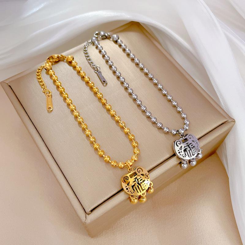 Titanium Steel Dongmen Personality Temperament Mori Fu Character Long Life Lock Round Bead Bracelet Female Retro Gui