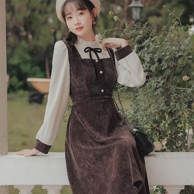 [Velours côtelé haute élasticité] Robe manteau rétro française à volants faux deux-pièces