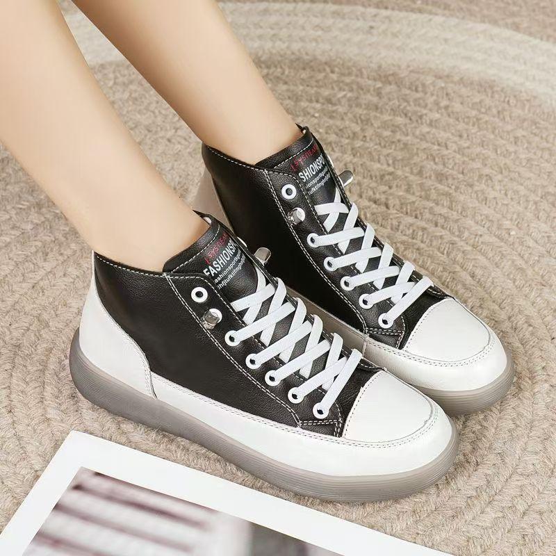 Woman's Spring Autumn New Leather High Top Casual Board shoes Flat Sole Round Toe Lightweight Non Slip Lace Up Little White Shoe