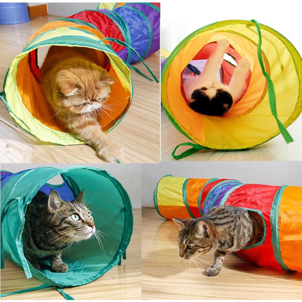 Samcos Cat Tunnel, Pet Toy, Long Rainbow Tunnel, 123cm, Washable, with Two Long S-Shaped Holes, Foldable, Easy to Store, Cat Play, Pet Toy, Exercise