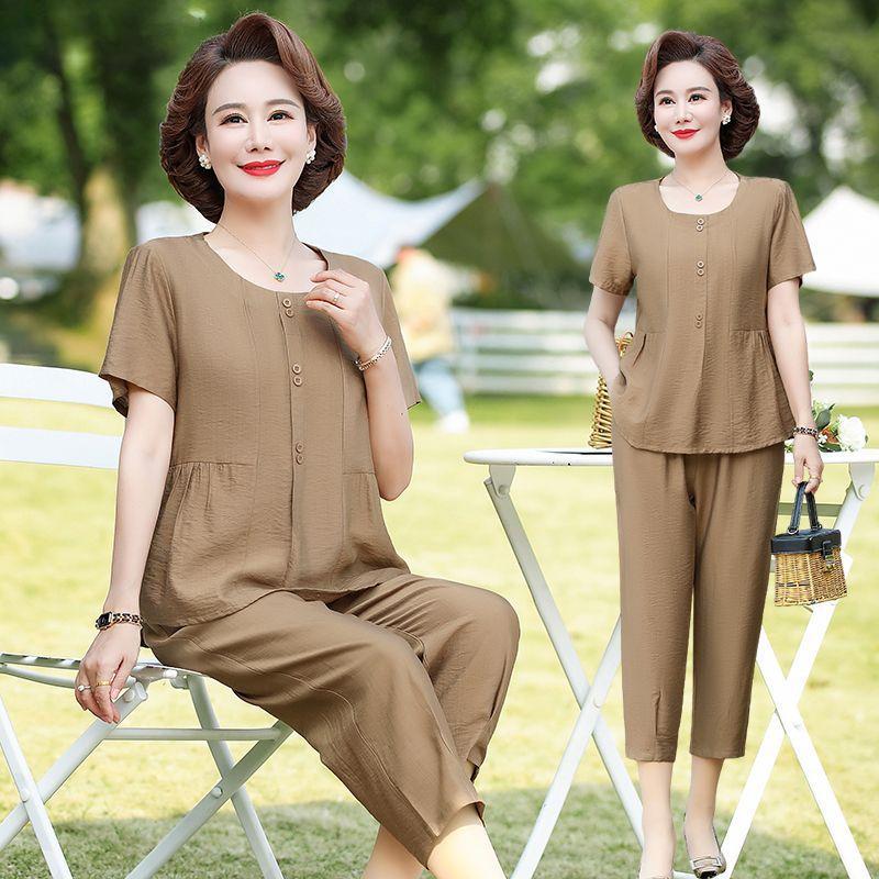 Summer Loose Fit Cotton Linen Two Piece Set for Middle Aged Women Slimming Casual Outfit