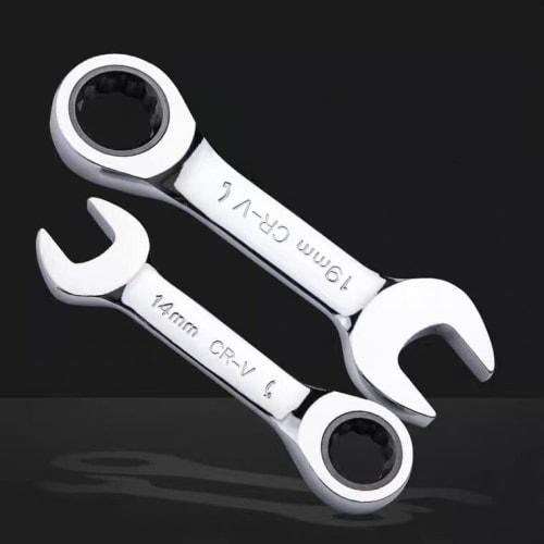 CRV Combination Wrench, Ratchet Wrench, Single-Ended, Short Type, Mirror Finish (15mm), for Car Maintenance