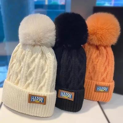Herbst- und Wintermode Verdickt für Wärme Einfarbig Gestrickte Mao-Linienmütze Damen Flauschiger Bommel Freizeit Vielseitige Strickmütze
