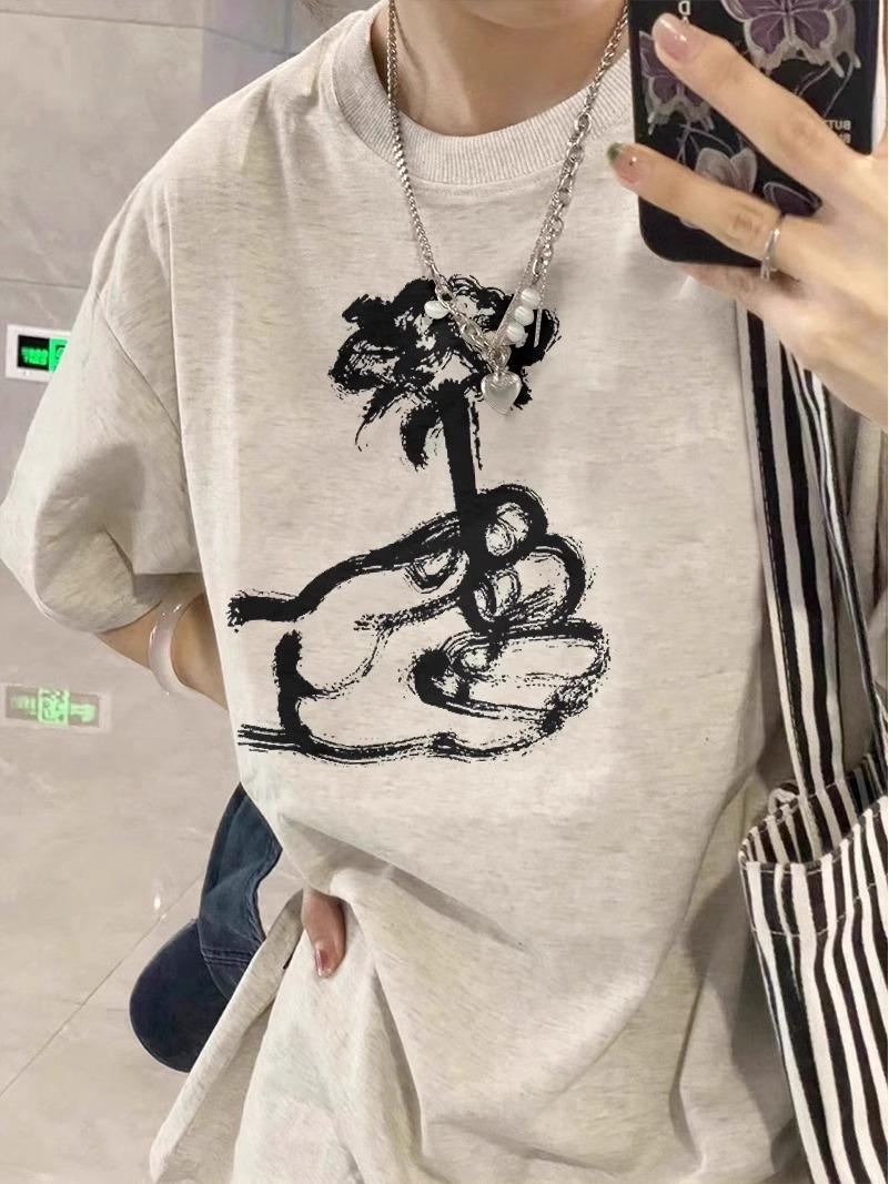 

Women s Gray Pure Cotton Short-Sleeve T-Shirt - 2025 Summer, Straight Shoulder Design, Loose Fit, American Style 3XL сірий колір/білий