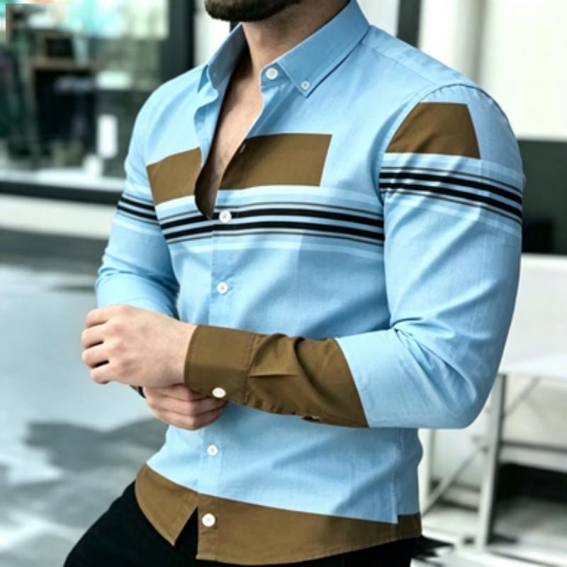 Men's Shirt Trendy Men's Color Block Splicing Long Sleeve Shirt Horizontal Stripe Decorative Collar Shirt European and American