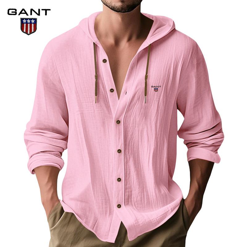 Gant Embroidery Men's Solid Color Casual Long Sleeved Shirt Hooded Drawstring Cotton and Linen Cardigan Trendy Versatile Loose Beach T-shirt