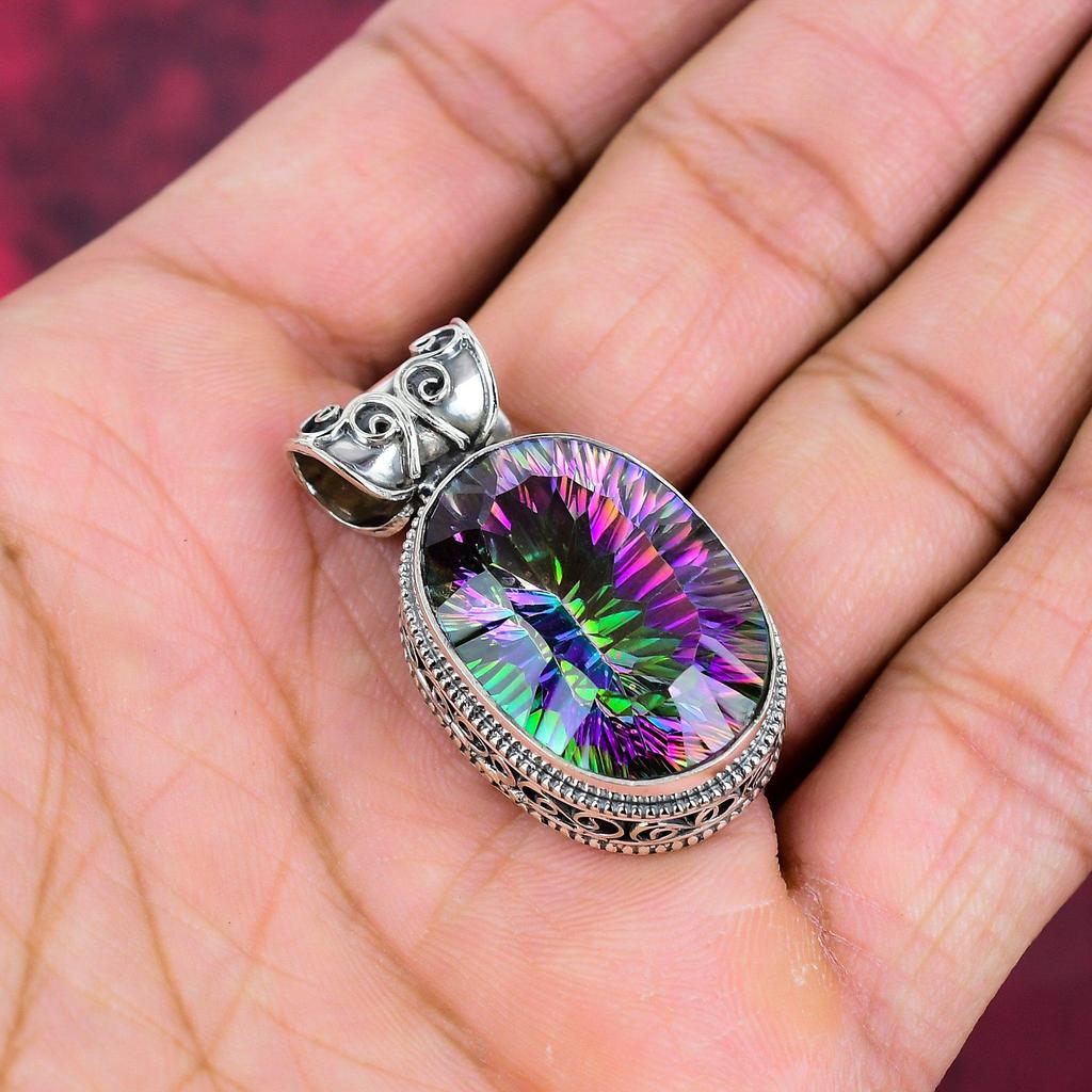 Mystischer Topas 925 Sterling Silber Anhänger, handgefertigter Edelstein Schmuck Anhänger, für den Gedenktag