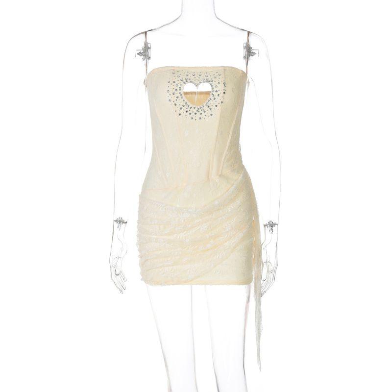 

Hot Stamping Hollow Lace Dress Hot Drilling Hollow out Love Tube Top Patchwork Lace Dress Apricot S