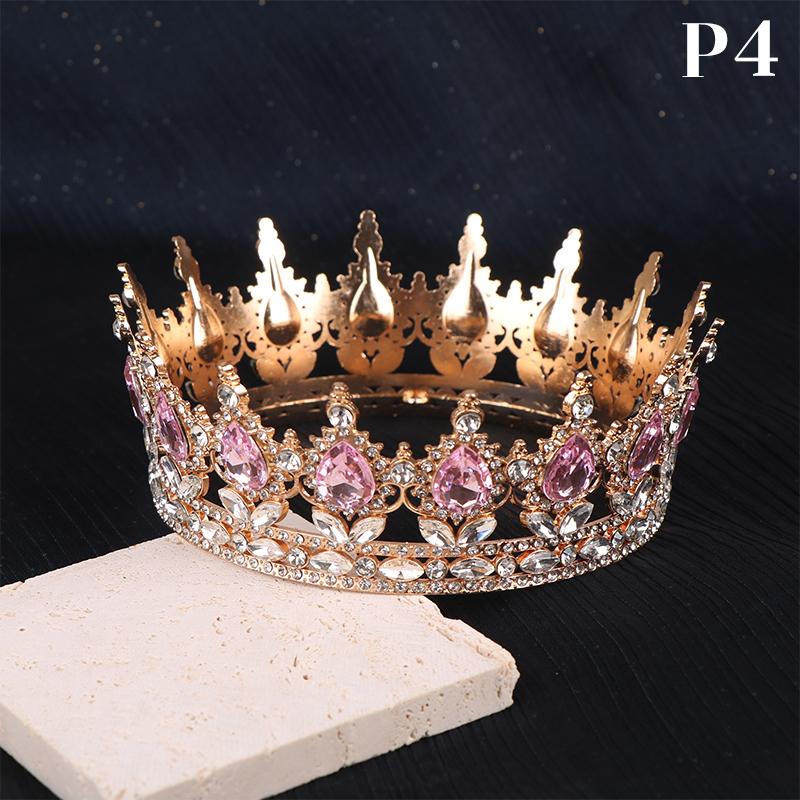 2024 New Baroque Round Wedding Crown Bridal Pageant Rhinestone Crystal Tiaras Crown Molding Headpieces For Queens And King