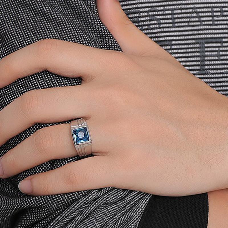 

Stylish Men Signet Rings Stainless Steel Statement Ring with Rectangle Blue Stone anel masculino 10