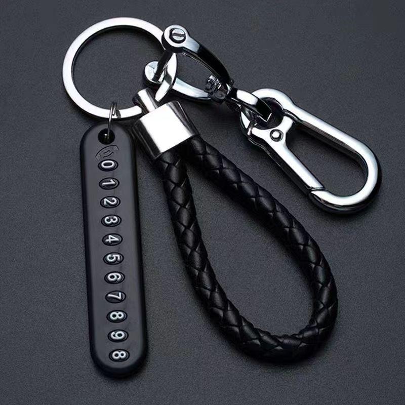 Figure 8 Car Keychain with Horseshoe Buckle, Anti-lost Number Plate, Woven Rope, and Round Pendant