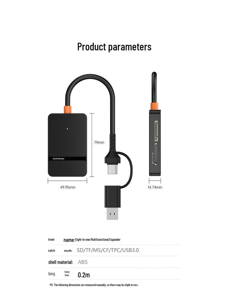 USB/Type-C 8-in-1 Card Reader: Expandable Hub for MS, CF, SD, TF Cards with USB 3.0 Compatibility for Mobile Phones and Computers.