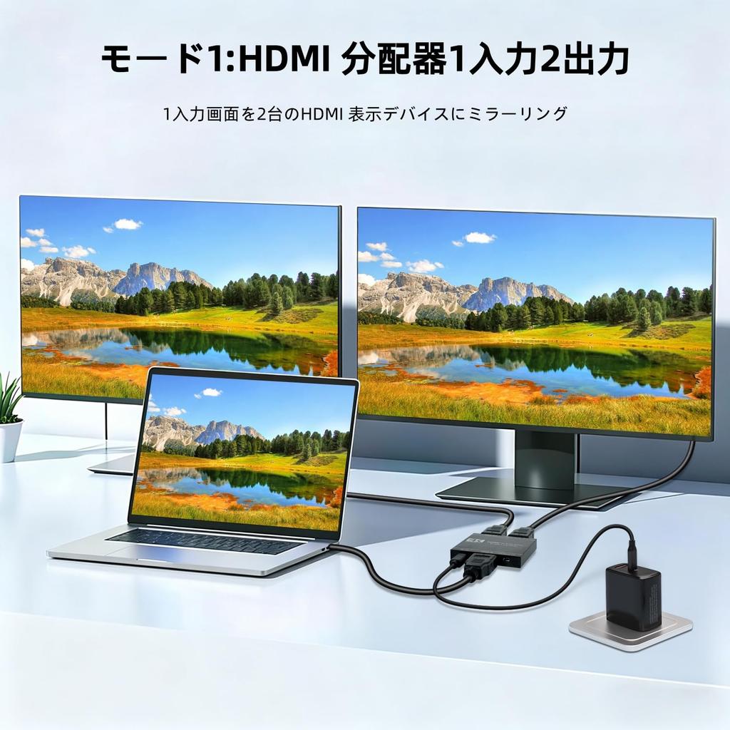 HDMI Splitter, 1 Input, 2 Output, 4K@60Hz Compatible, HDMI Audio Splitter with Downscaler Function, HDMI 2.0b Splitter / 2K@144Hz/1080P@120Hz, Type-C