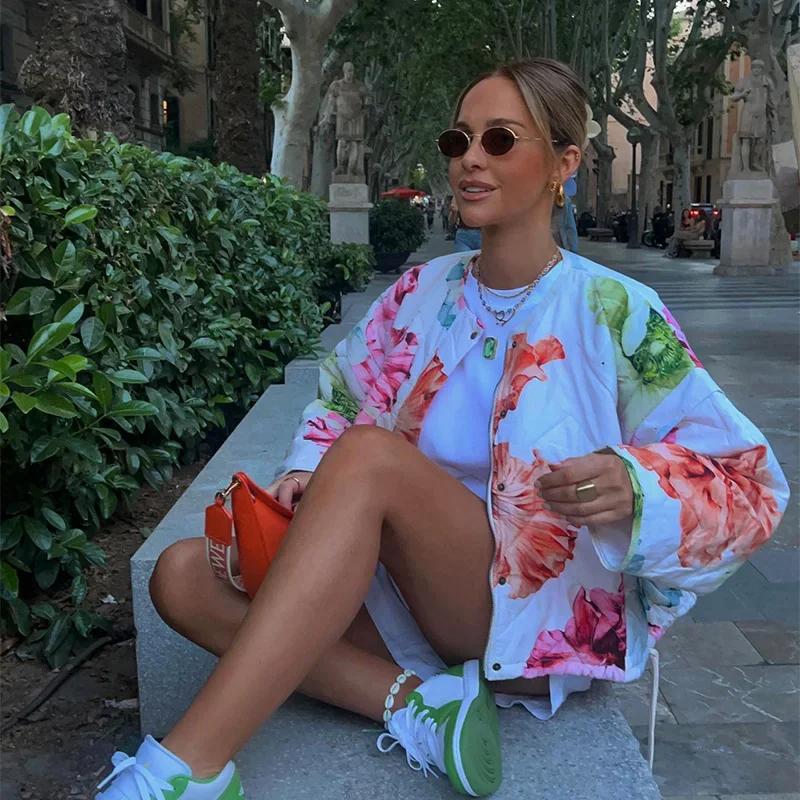 Fashion Floral Printed Jackets Women Elegant O-neck Single Breasted Draw Rope Female Coat Autumn Lady Casual Coats