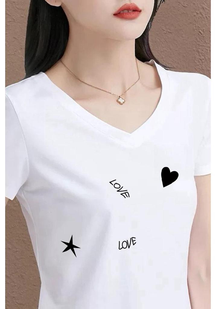Women's Printed White V-Neck Short-Sleeve T-Shirt - Casual Solid Color Top for Moms