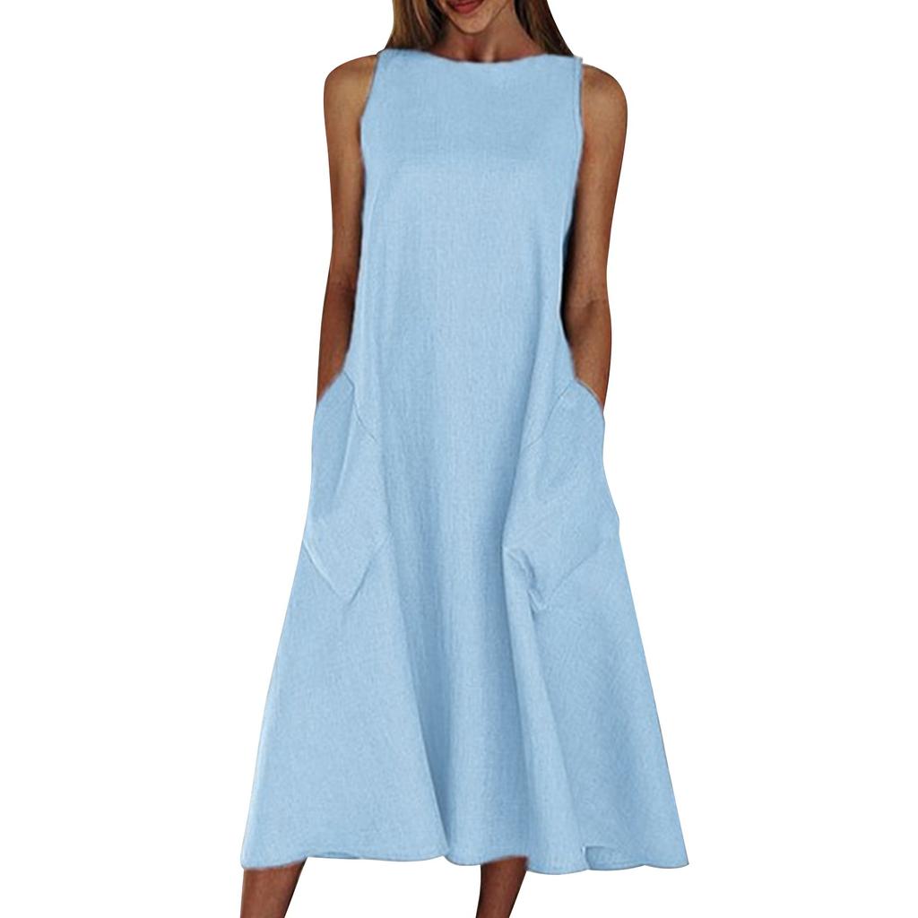 Women's Loose Cotton And Linen Solid Color Sleeveless Round Tie Pocket Casual Dress