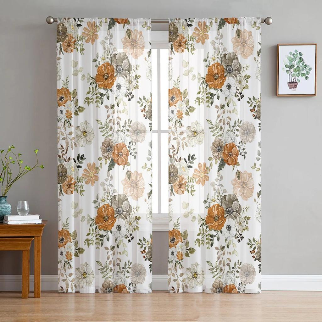Autumn Flowers Eucalyptus Leaves White Pumpkin Voile Sheer Curtains Living Room Tulle Window Curtain Bedroom Drapes Home Decor