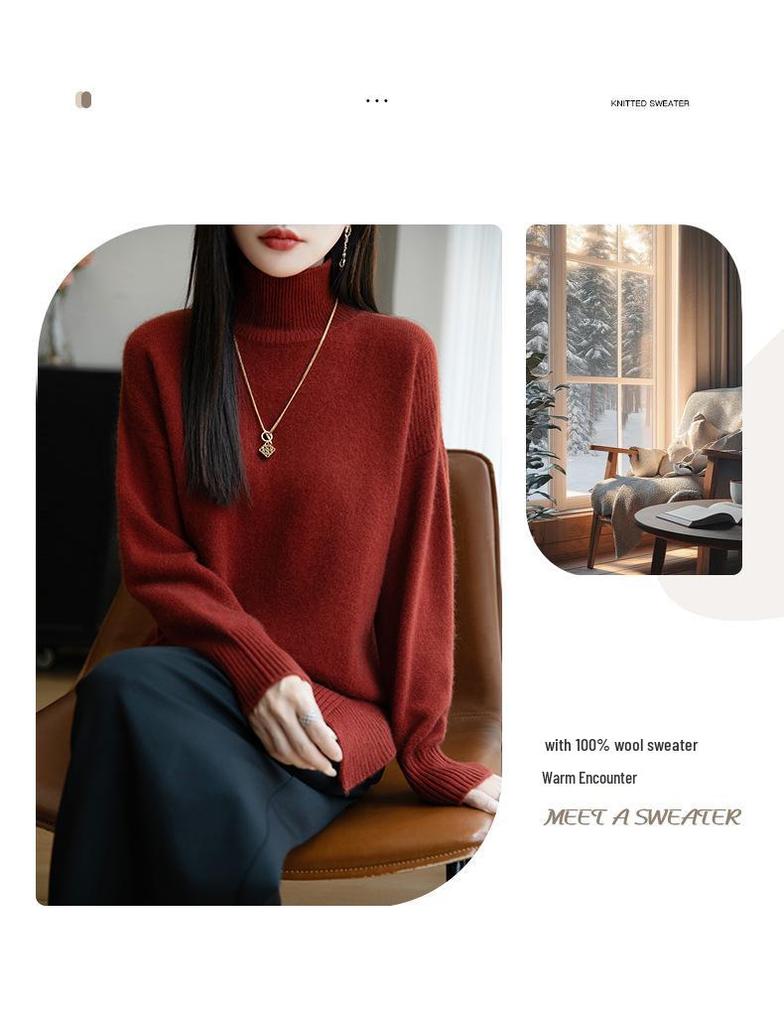 Pure Wool Seven-Stitch Thickened Sweater - Autumn/Winter, Long Sleeve, Half-High Collar with Irregular Slit.