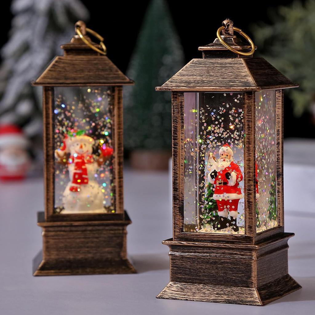 Fun lantern-style snow globe with light. A great value set. Antique-style ornament for creating a dazzling atmosphere and mood. (Santa Claus & Angel)