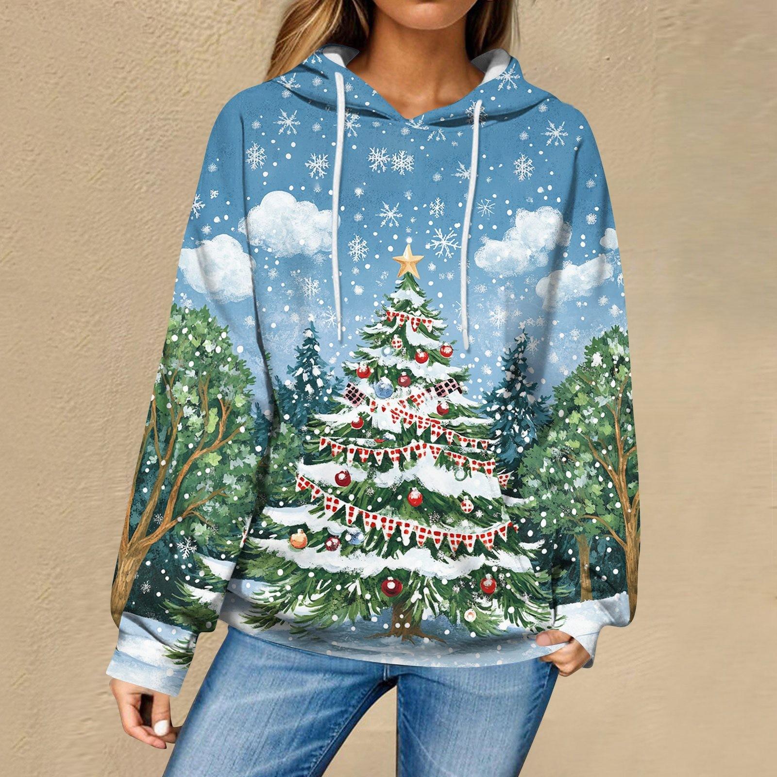 Женская повседневная мода рождественский принт длинный рукав пуловер толстовки с капюшоном свитшоты M 2259₽