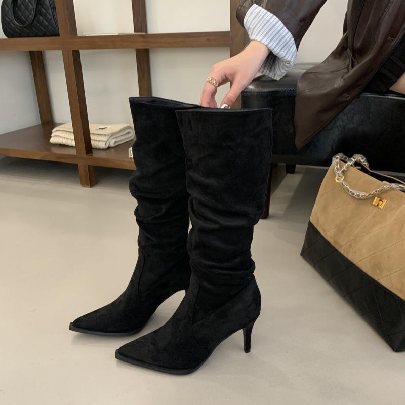 Pile boots pointed high-heeled boots women's suede pleated high boots khaki spring and autumn single boots boots