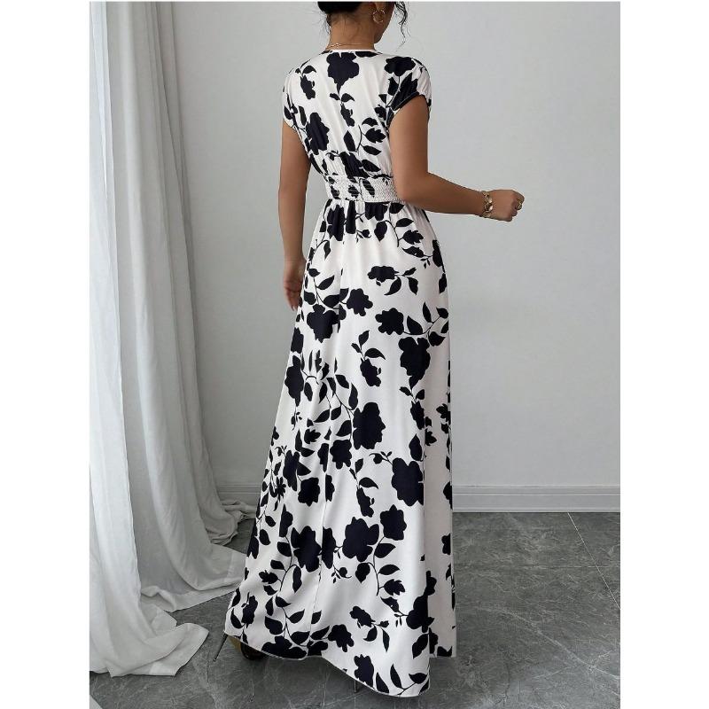 New Printed V-neck Short Sleeved Summer Dress Waist Cinching A-line Party Dresses Casual Elegant Sweet Long Dress Losoe Casual Women's Clothing