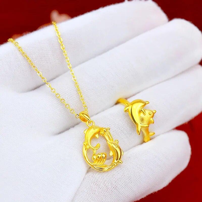 

Pure 18K Gold Double Dolphin Chain for Women Bride Wedding 999 Gold Color Trendy Necklaces Chain Fine Jewelry Gifts