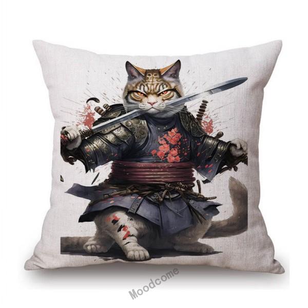 Funny Cute Cat Samurai Catoon Home Decorative Sofa Throw Pillow Case Cotton Linen Car Chair Cushion Cover