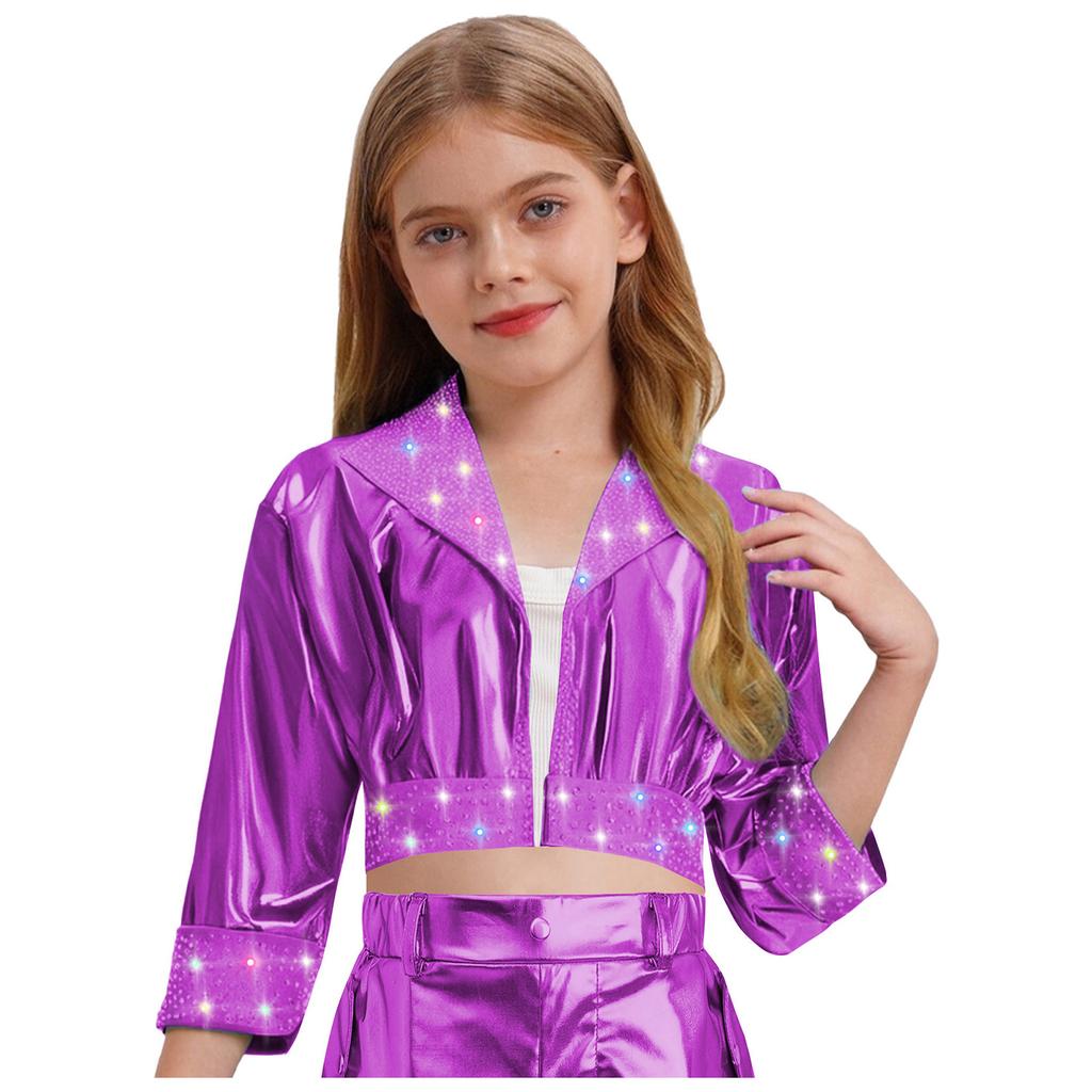 Kinder Bühnenauftritt Jacke Mädchen Jazz Dance Oberbekleidung Glänzende Strasssteine mit Reverskragen