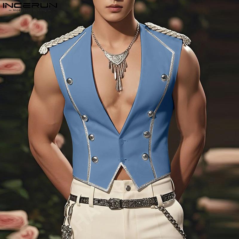 INCERUN Men V Neck Sleeveless Frills Buttons Irregular Casual Tank Tops Waistcoat