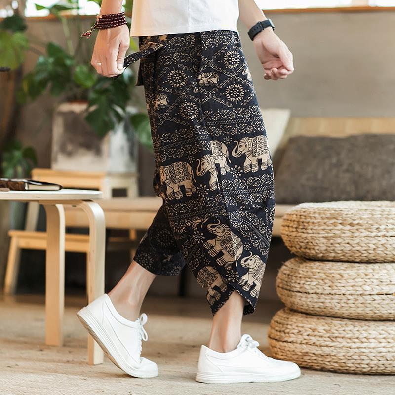 Men's Loose Linen Beach Pants, Wide-Leg 7-Point Harem, Casual Thai-Style Cotton Blend