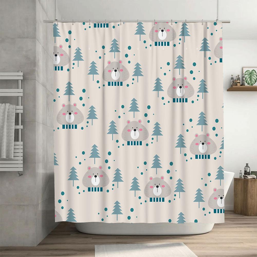 GAESnowy Bear Christmas Tree Shower Curtain Cute Kids Bath Rug Decor for Bathroom Blue White Tones (Size: 180 x 240cm)
